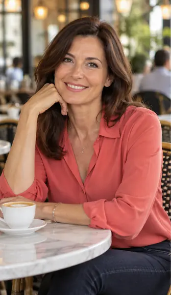 A confident mature woman in a bright café